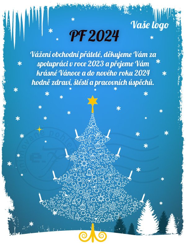 Vánoční stromek (modré pozadí)- novoročenka, vánoční přání, PF 2023