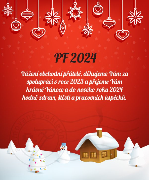 Vánoční krajinka (červené pozadí)- novoročenka, vánoční přání, PF 2023