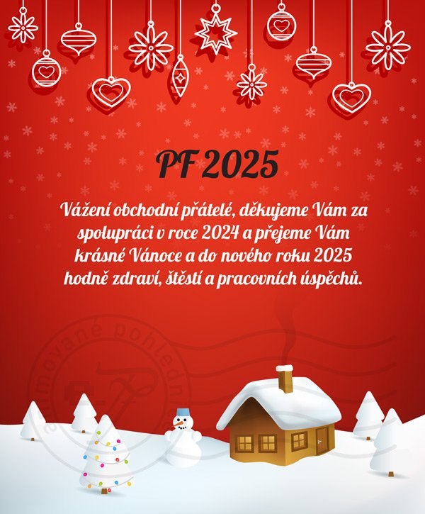 Vánoční krajinka (červené pozadí)- novoročenka, vánoční přání, PF 2023