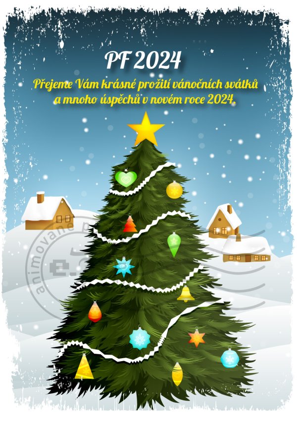 Ozdobený vánoční stromek (domky v pozadí)- novoročenka, vánoční přání, PF 2023