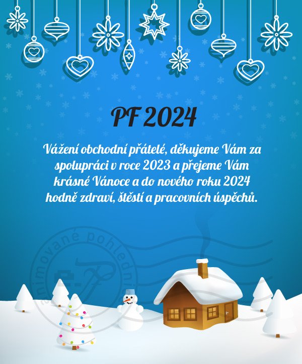 Vánoční krajinka (modré pozadí)- novoročenka, vánoční přání, PF 2023