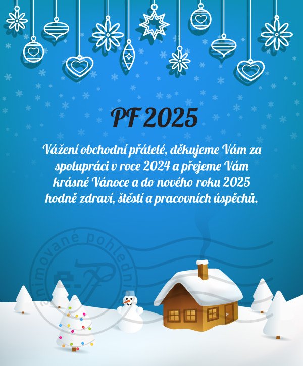 Vánoční krajinka (modré pozadí)- novoročenka, vánoční přání, PF 2023