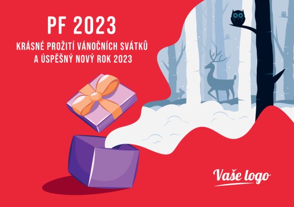 Dárek a krajina- novoročenka, vánoční přání, PF 2023