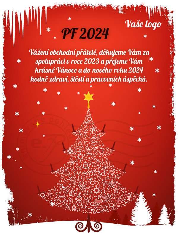 Vánoční stromek (červené pozadí)- novoročenka, vánoční přání, PF 2023