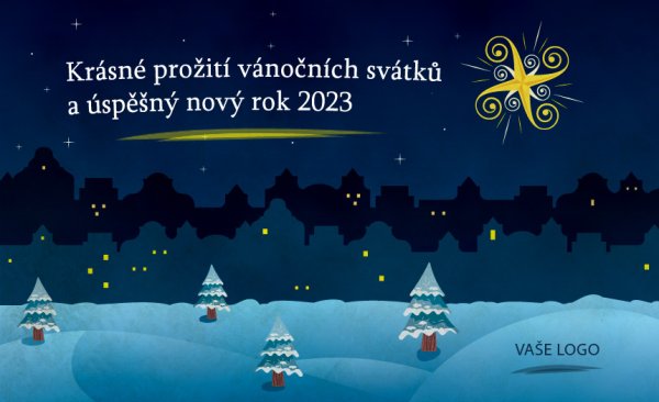 Noční krajina s vánoční hvězdou- novoročenka, vánoční přání, PF 2023
